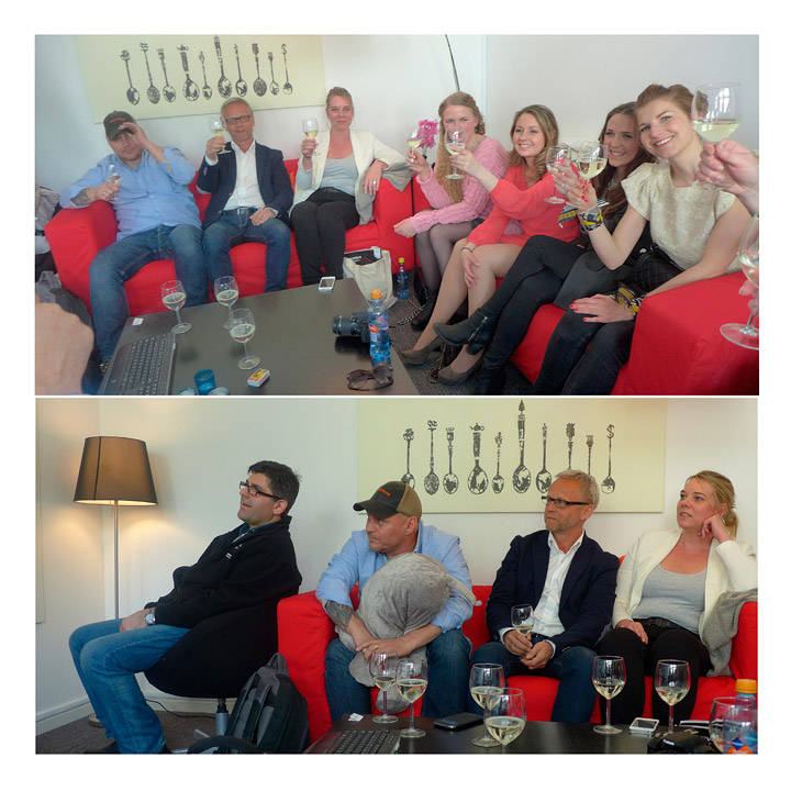 Gjengen er samlet forå se første episode: Hans Petter, Tor, Cecilie, Camilla, Ingvild, Janette, Karine. Nederst: Steve, Hans Petter, Tor og Cecilie.