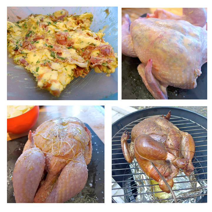Kryddersmøret er klart. Legg det forsiktig under huden på kyllingen. Bind opp kyllingen slik at beina ikke spriker. Legg kyllingen med brystet opp på indirekte varme på grillen, eller i en smoker slik jeg har brukt.