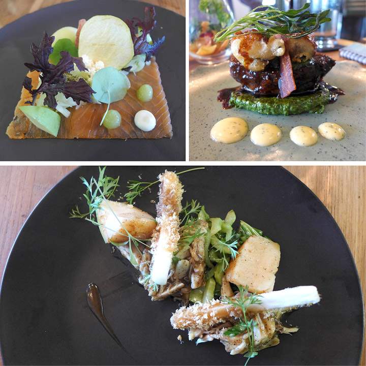 Duxton12 Erik hadde røkt ørret med teksturer av eple som forrett. Jeg hadde en moderne tolkning av black pepper crab. Øverst til høyre er min hovedrett: Oksekjaker med bakon, tempuresnegler og hvitløks- og persille.