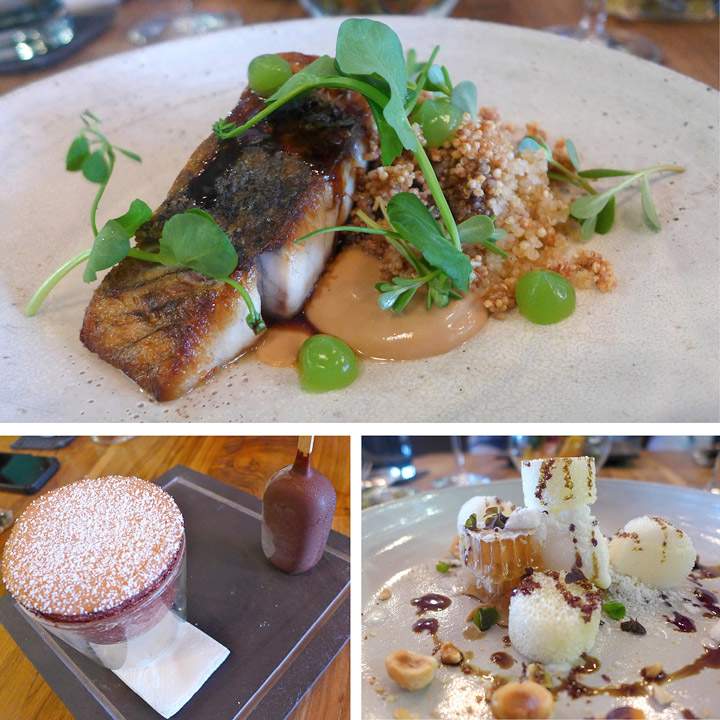 Barramundi med poppet quinoa. Erik var fornøyd! Dessertene vi fikk var morellsouffle med kirsebærispinne. Min rett var honeycomb med geitostis og nøtter. Magisk!